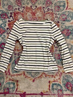 Talbots Authentic Striped Boatneck Cotton Top Olive Navy Green - Size M - Cotton